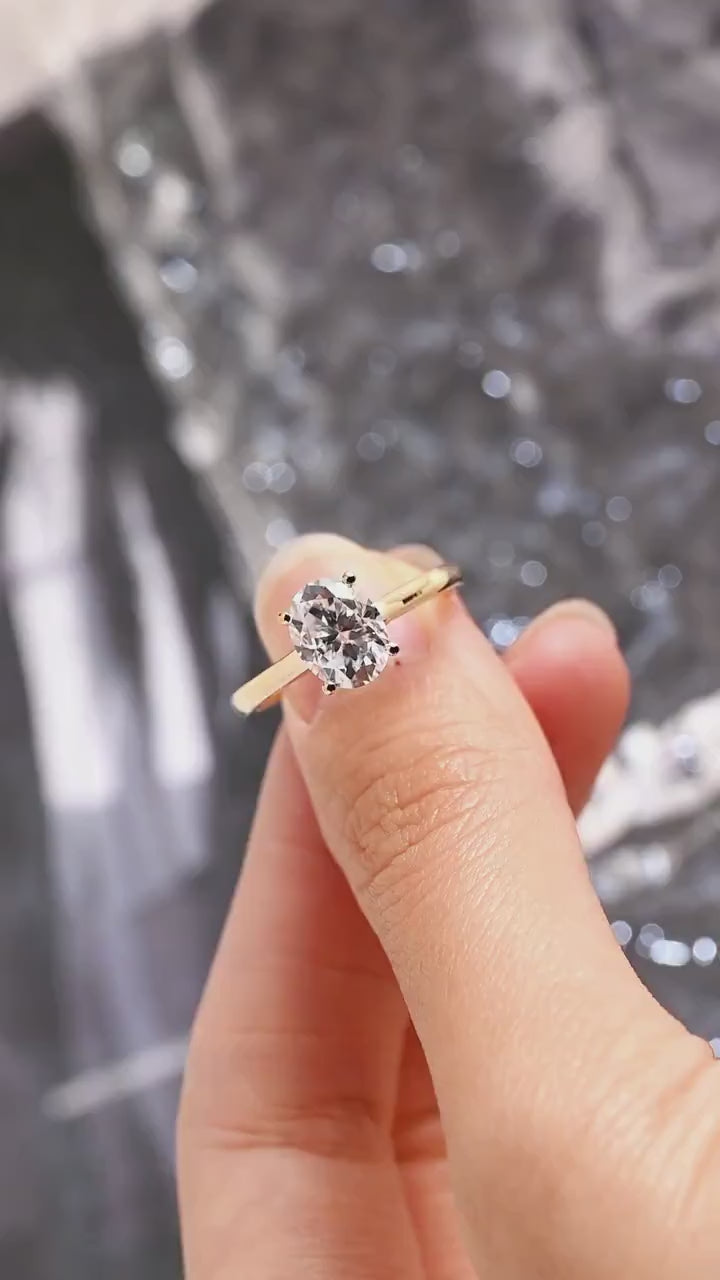 Solid Gold Oval Cut Moissanite Engagement Ring, Cathedral Setting