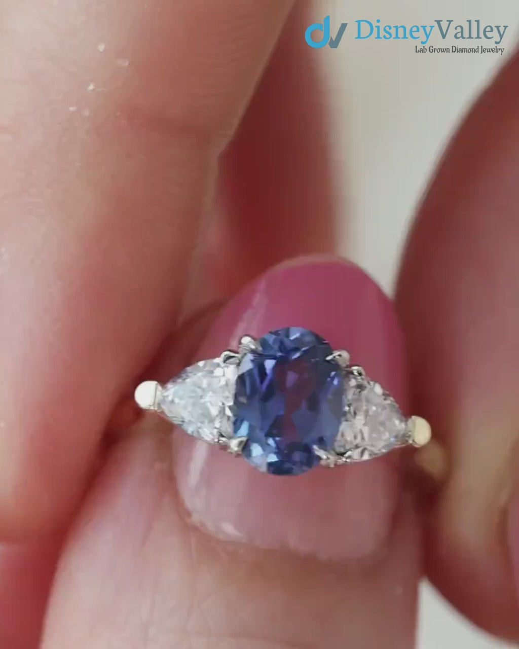 Oval Sapphire and Diamond Trillion Engagement Ring Two toned Three Stone Ring