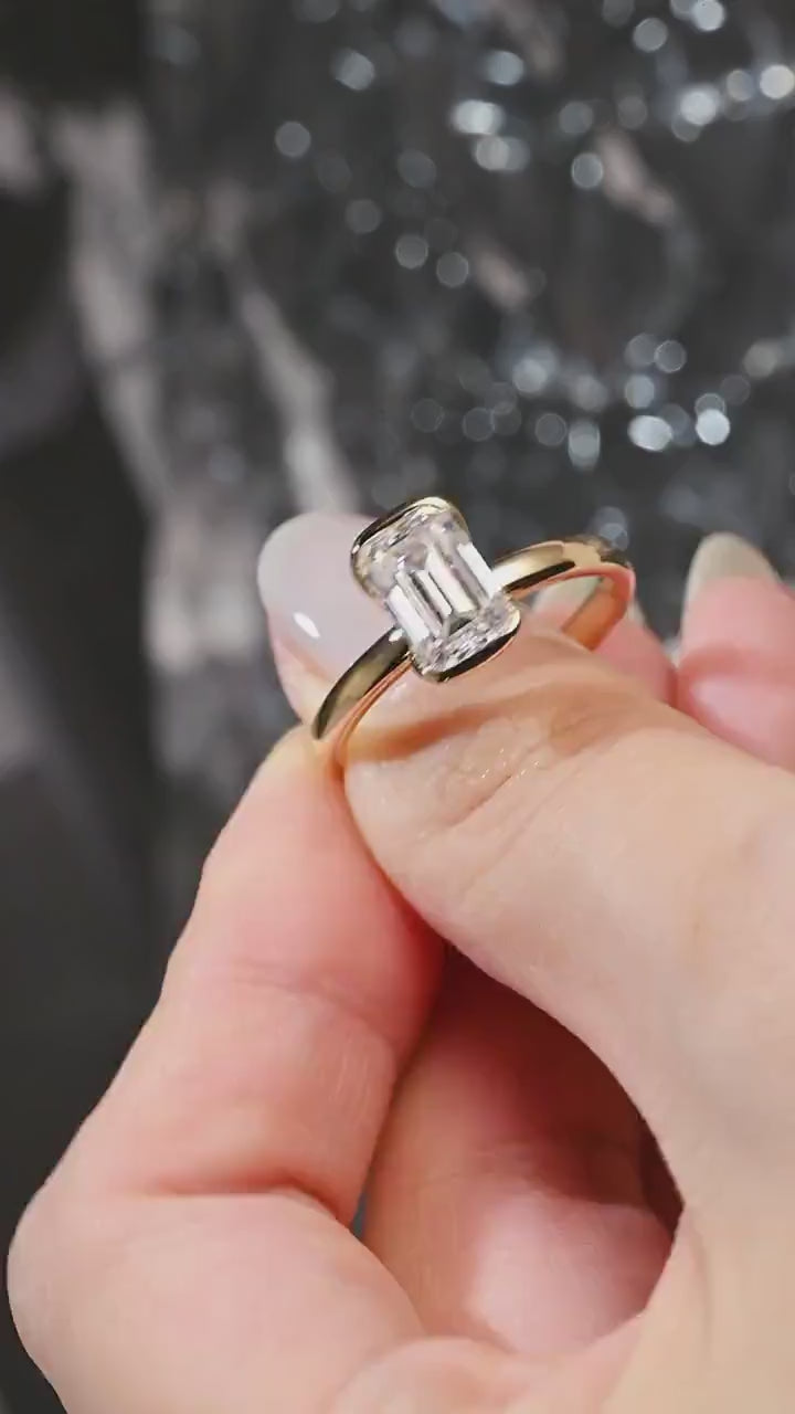 Solid Gold Emerald Cut Moissanite Half Bezel Engagement Ring, Anniversary Gift,