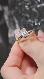 Solid Gold Emerald Cut Moissanite Half Bezel Engagement Ring, Anniversary Gift,