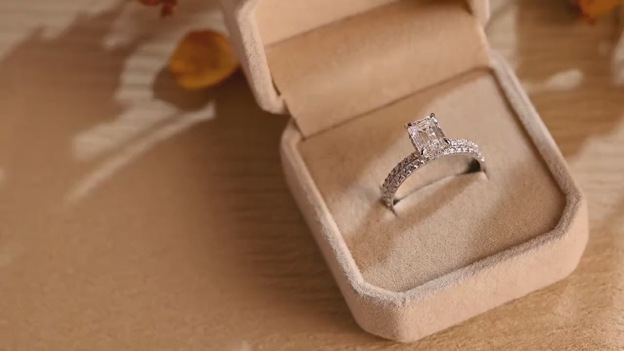 Solid Gold Emerald Cut Moissanite Wedding Band Set