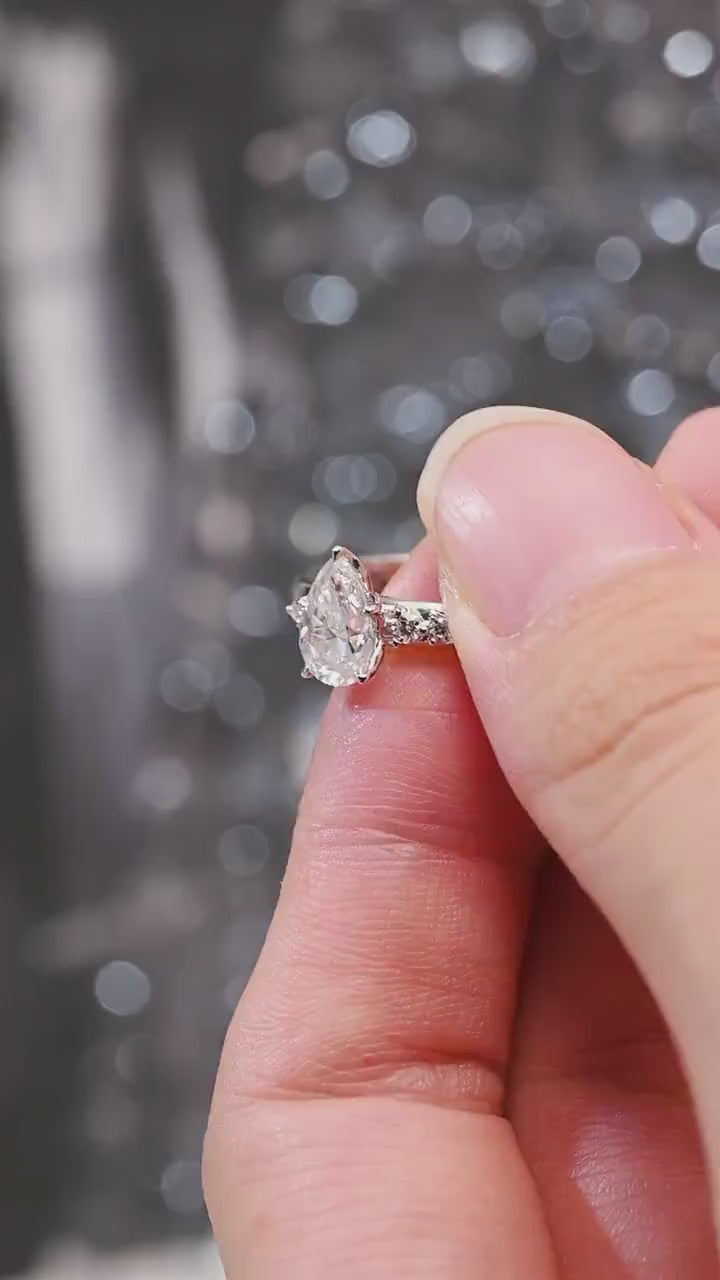 Solid Gold Pear Moissanite Engagement Ring, 3mm Wide Band Ring