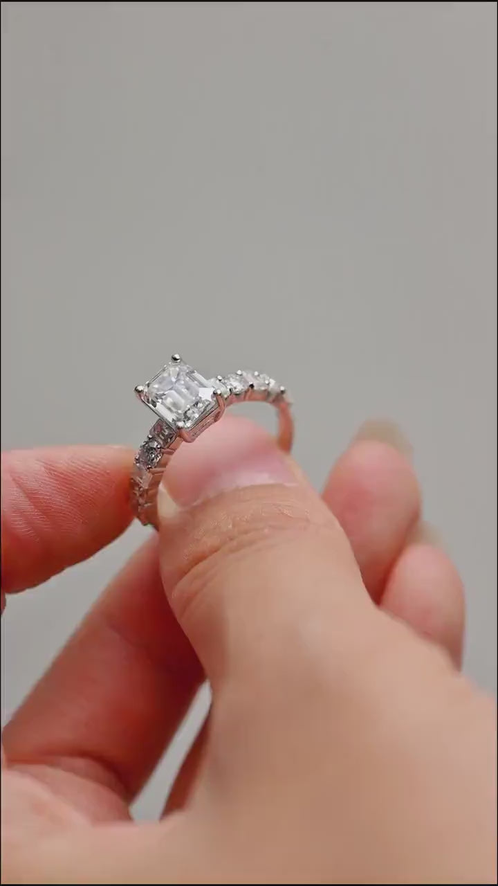 Solid Gold Emerald Cut Moissanite Engagement Ring, Half Pave Promise Ring