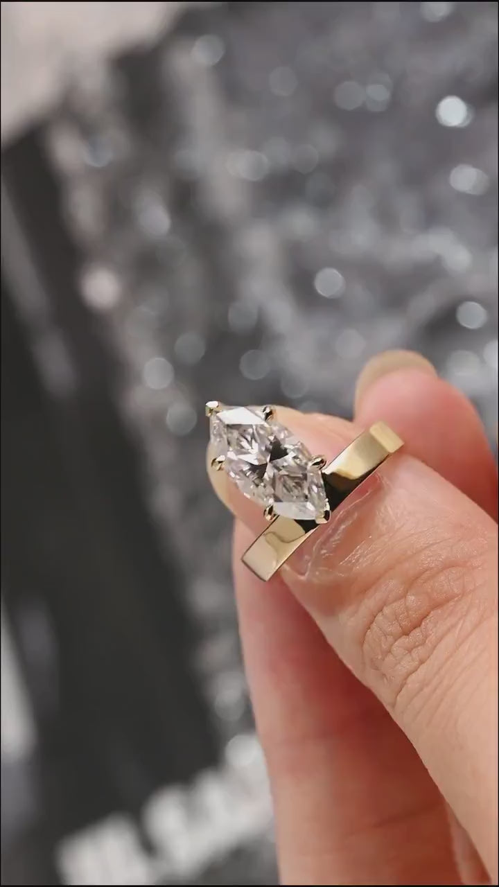 Solid Gold 3.5mm Wide Band Marquise Moissanite Engagement Ring