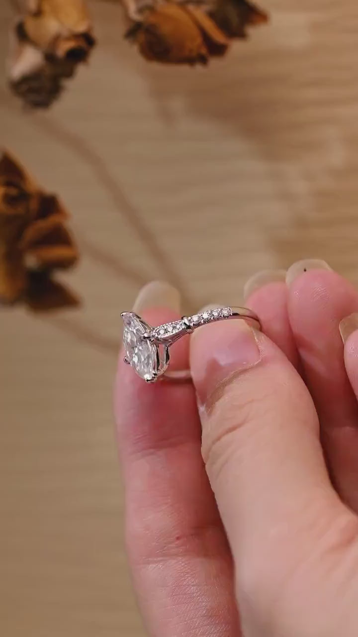 Solid Gold Half Eternity Marquise Cut Moissanite Engagement Ring, Proposal Ring