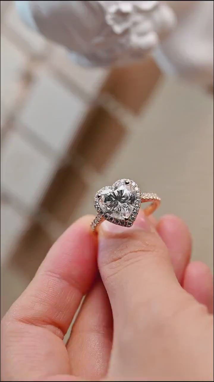 Solid Gold Halo & Half Pave Heart Cut Moissanite Engagement Ring