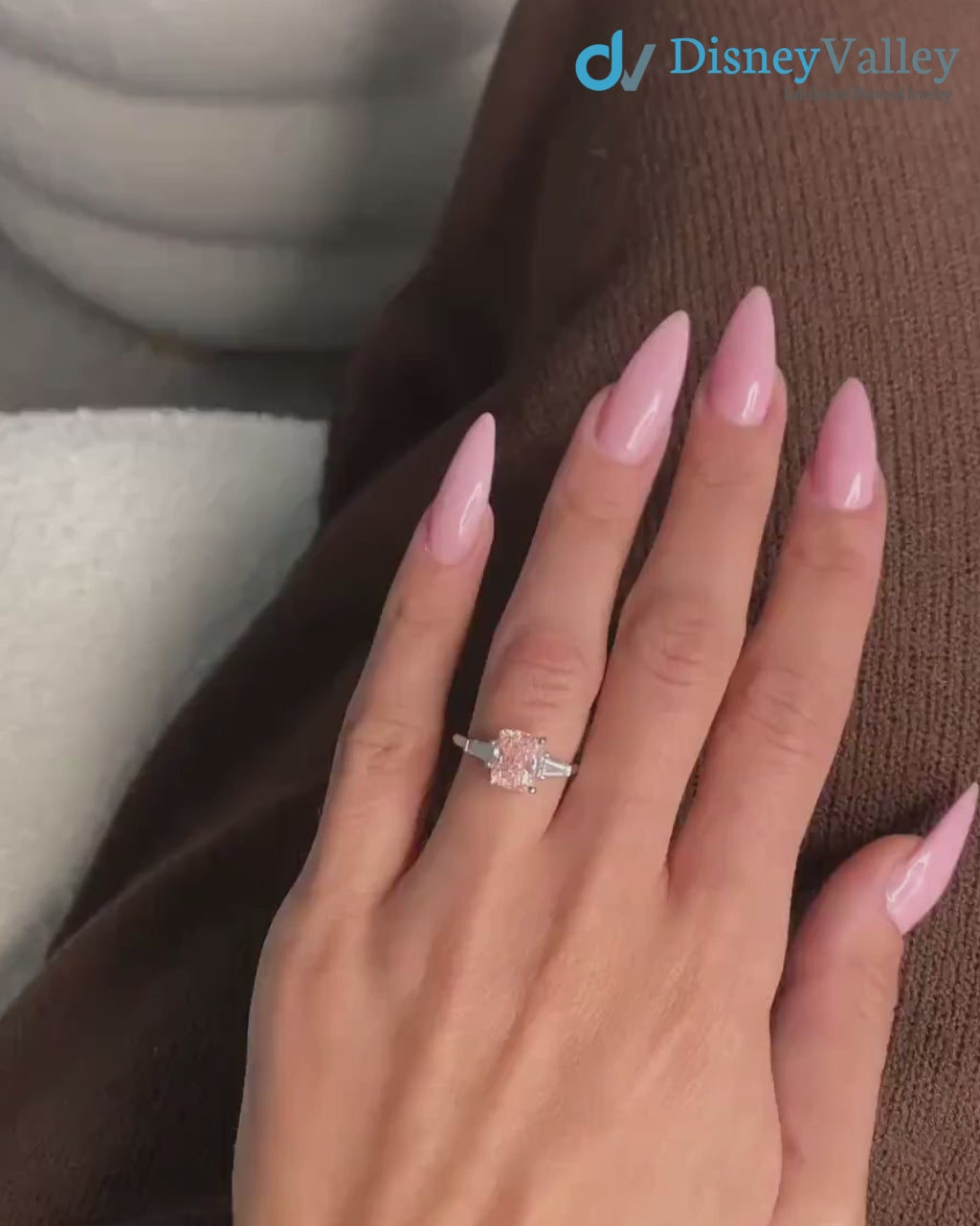 2.50 Carat Cushion Fancy Vivid Pink Lab Diamond three Stone Engagement Ring