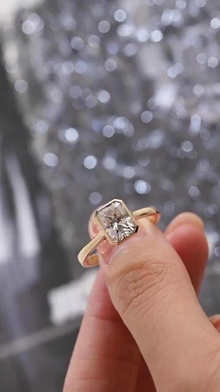 Solid Gold Radiant Cut Moissanite Engagement Ring, Graduated Band Ring