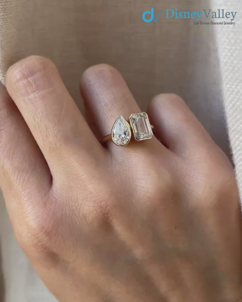Bezel Lab Diamond Moi et Toi Ring, 2 Carat Emerald Cut Diamond Ring