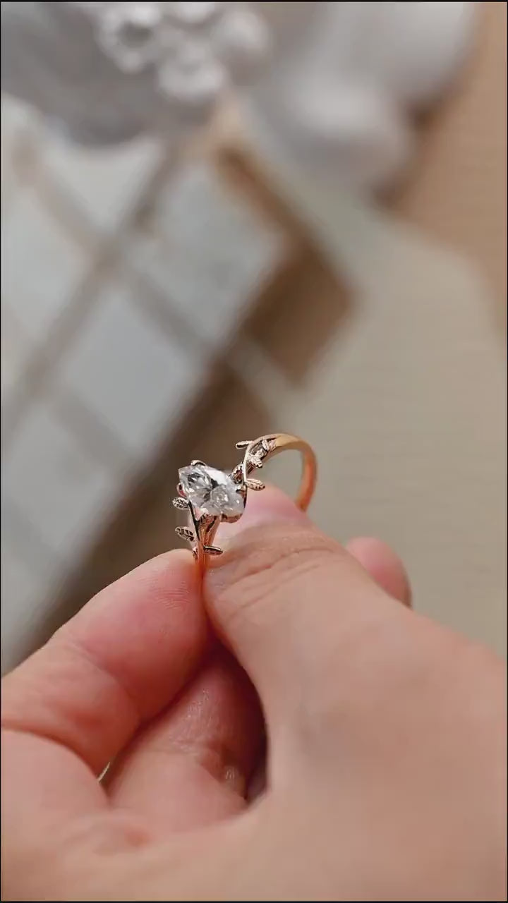 Solid Gold Leaf Ring, Marquise Moissanite Engagement Ring, Proposal Ring
