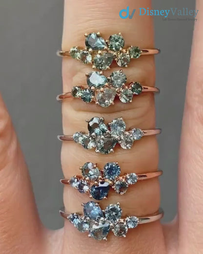 One of a kind Teal blue sapphire cluster ring unique multi cluster ring, multi stone green ring