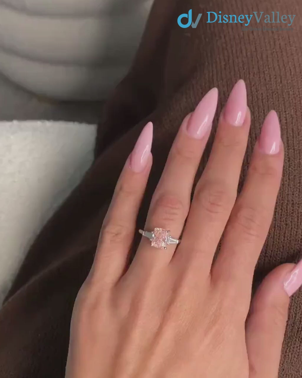 2.50 Carat Cushion Fancy Vivid Pink Lab Diamond 3 Stone Engagement Ring