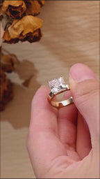 Solid Gold Princess Moissanite Engagement Ring, 3mm Wide Band Bridal Ring
