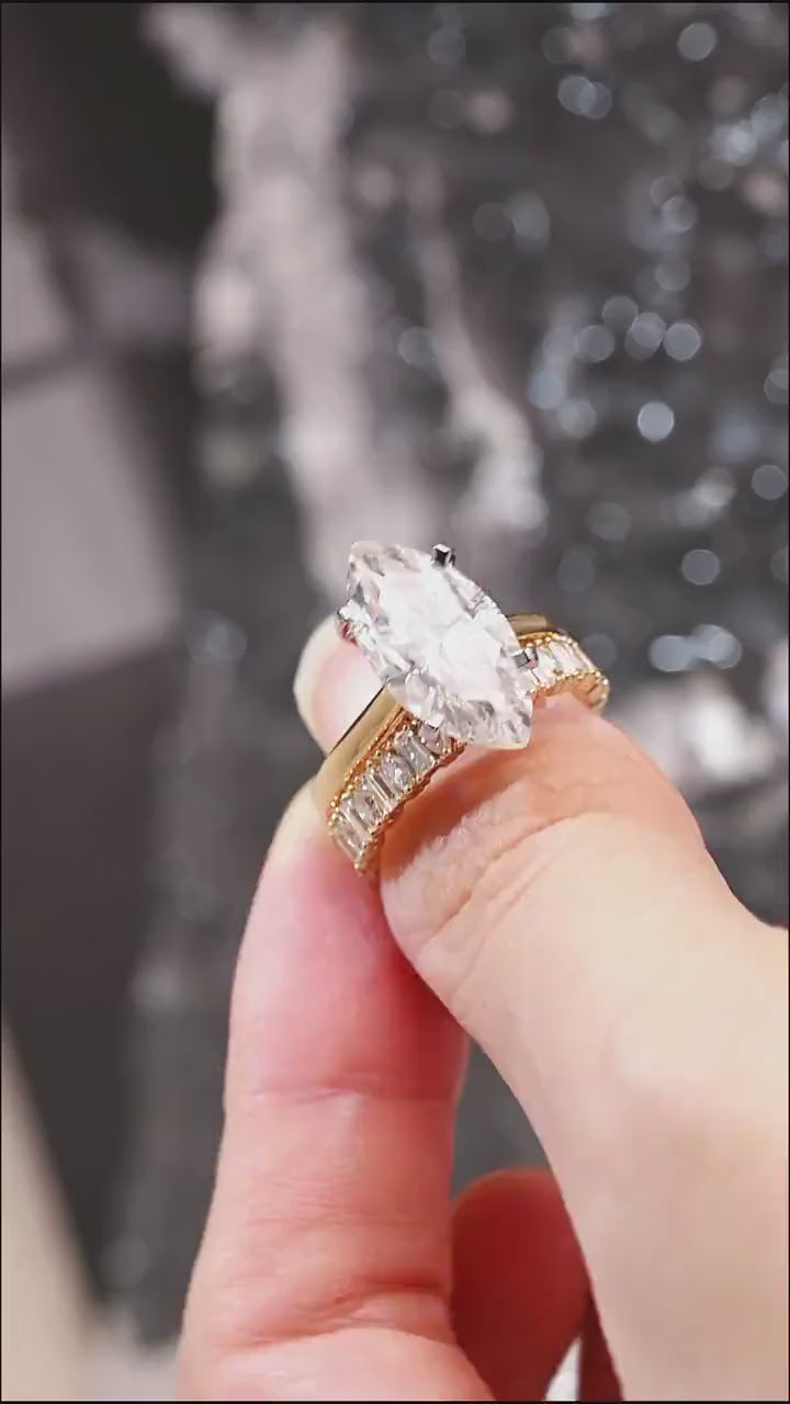 Solid Gold Marquise Cut Moissanite Wedding Band Set