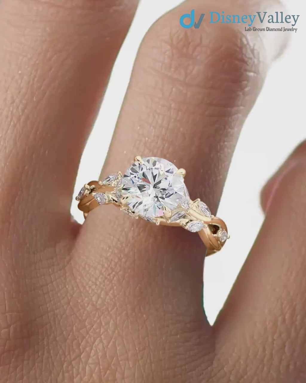 2.00CT Round Lab Diamond Engagement Ring – Twisted Vine Marquise Accents, 14K Gold, Nature-Inspired Bridal Jewelry