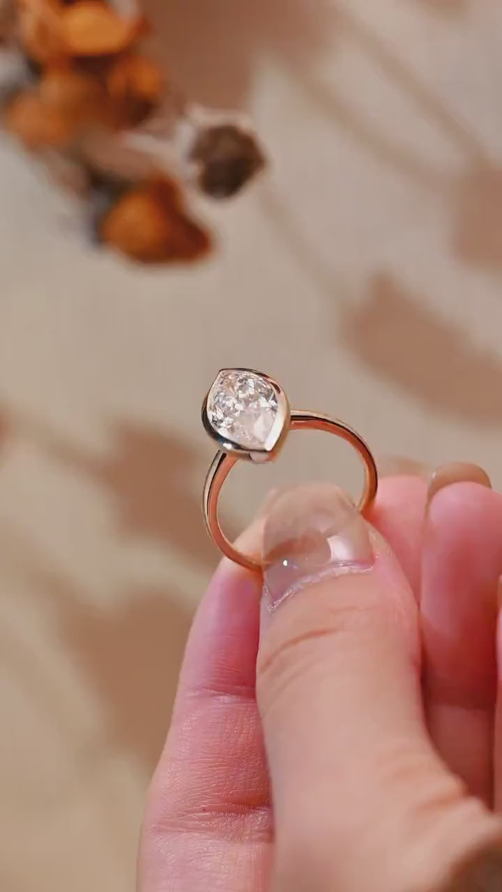 Solid Gold Marquise Moissanite Engagement Ring, Vintage Bezel Ring