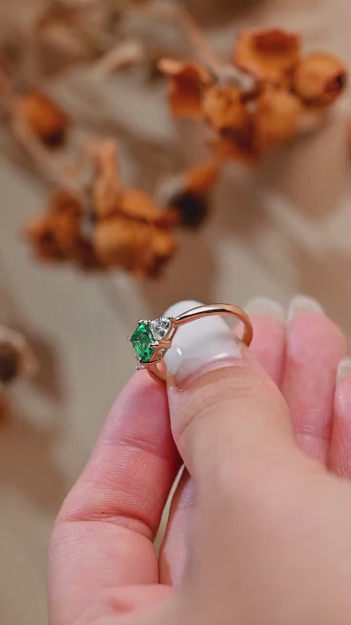 Solid Gold Lab Grown Emerald Engagement Ring with Trillion Accent, Three Stone Ring