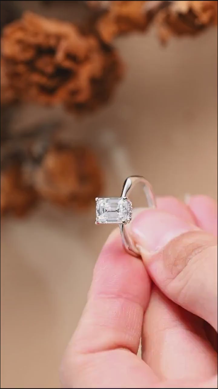 Solid Gold Emerald Cut Moissanite Engagement Ring with Hidden Halo, Promise Ring
