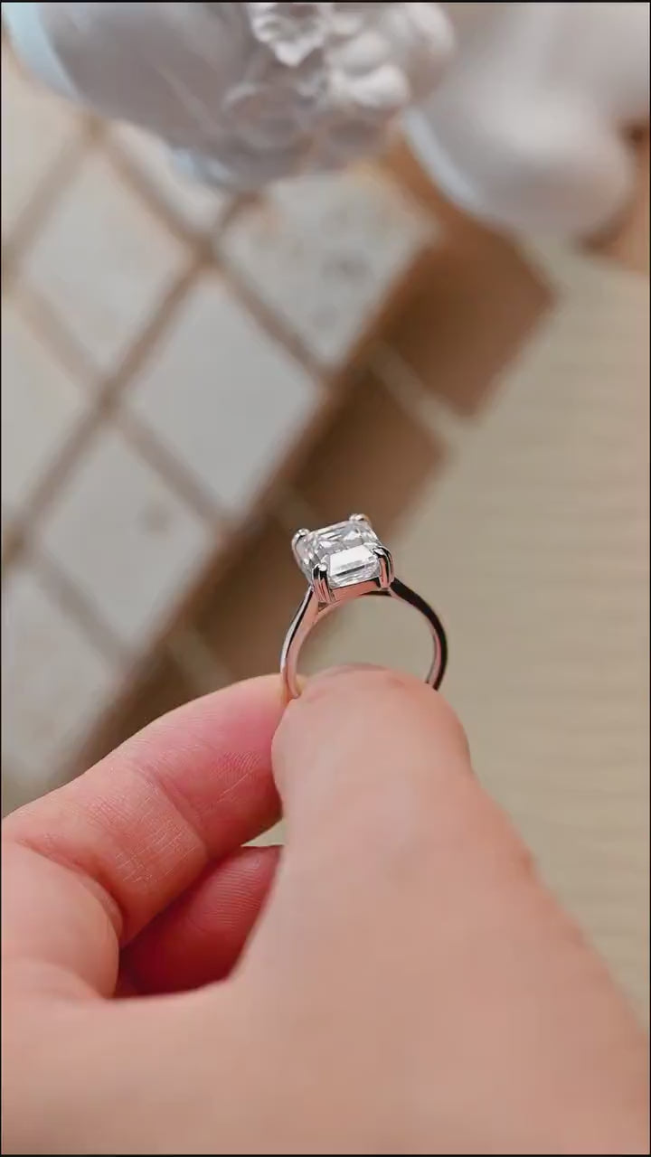 Solid Gold Double Claws Emerald Cut Moissanite Engagement Ring, Anniversary Gift