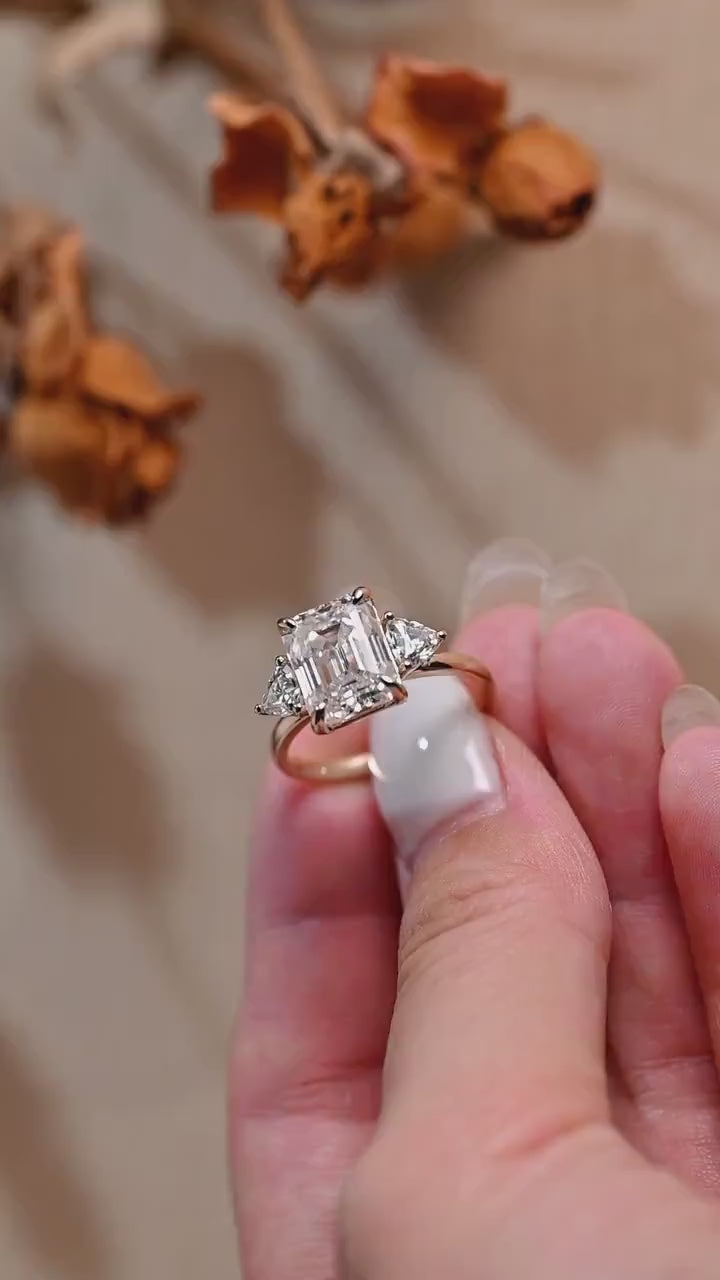 Solid Gold Emerald Cut Moissanite Engagement Ring With Trillion Accent, Three Stone Ring