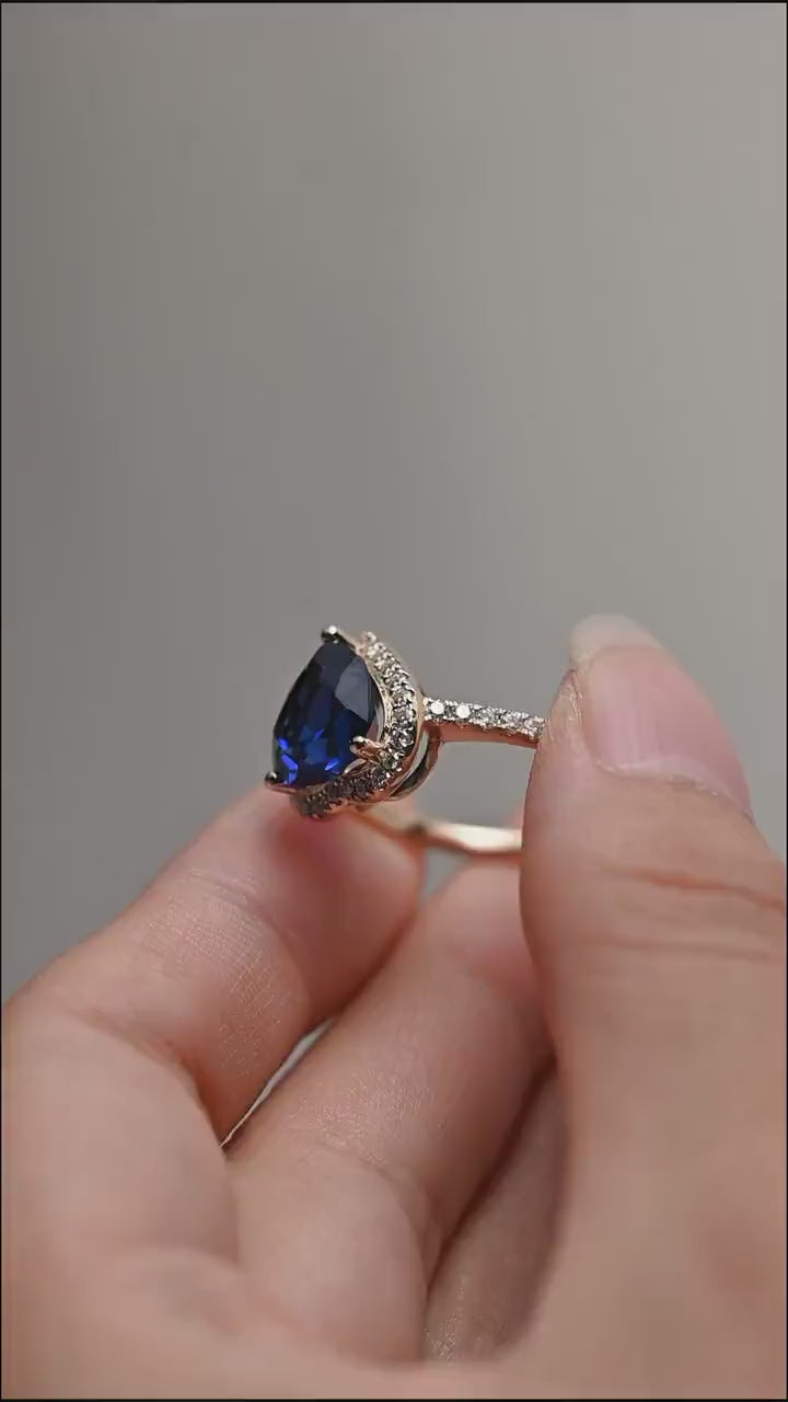 Solid Gold Heart Cut Moissanite Sapphire Engagement Ring with Halo