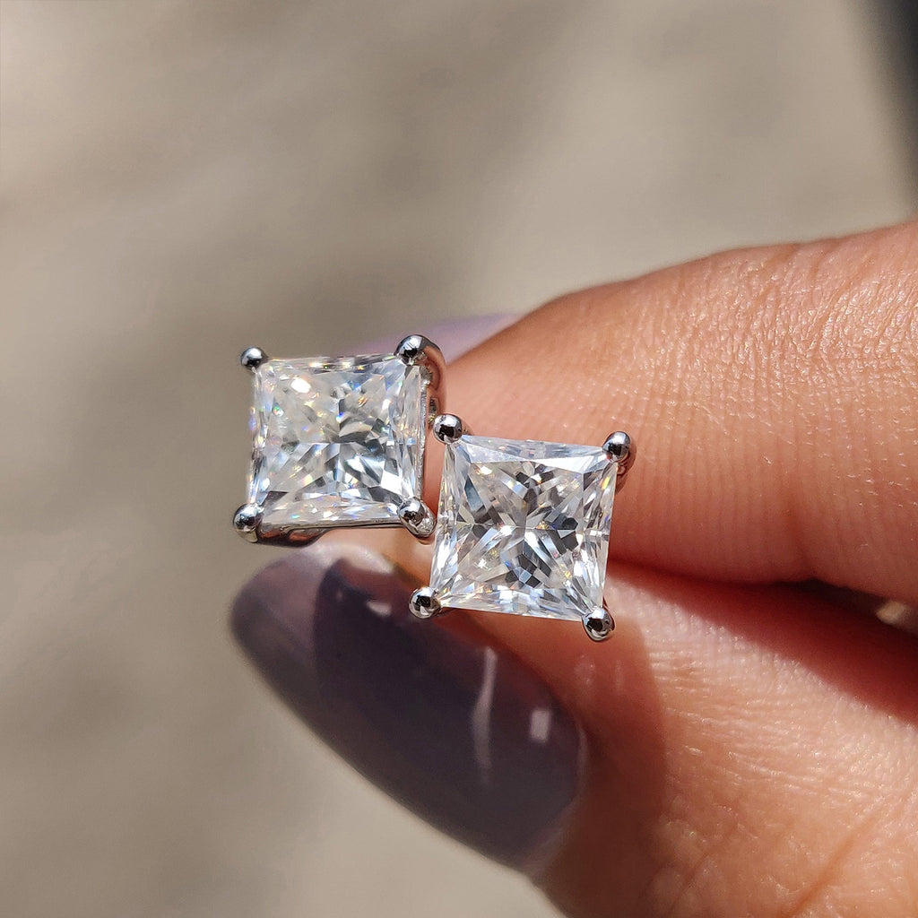 Princess Cut Moissanite Earrings In Stud Style