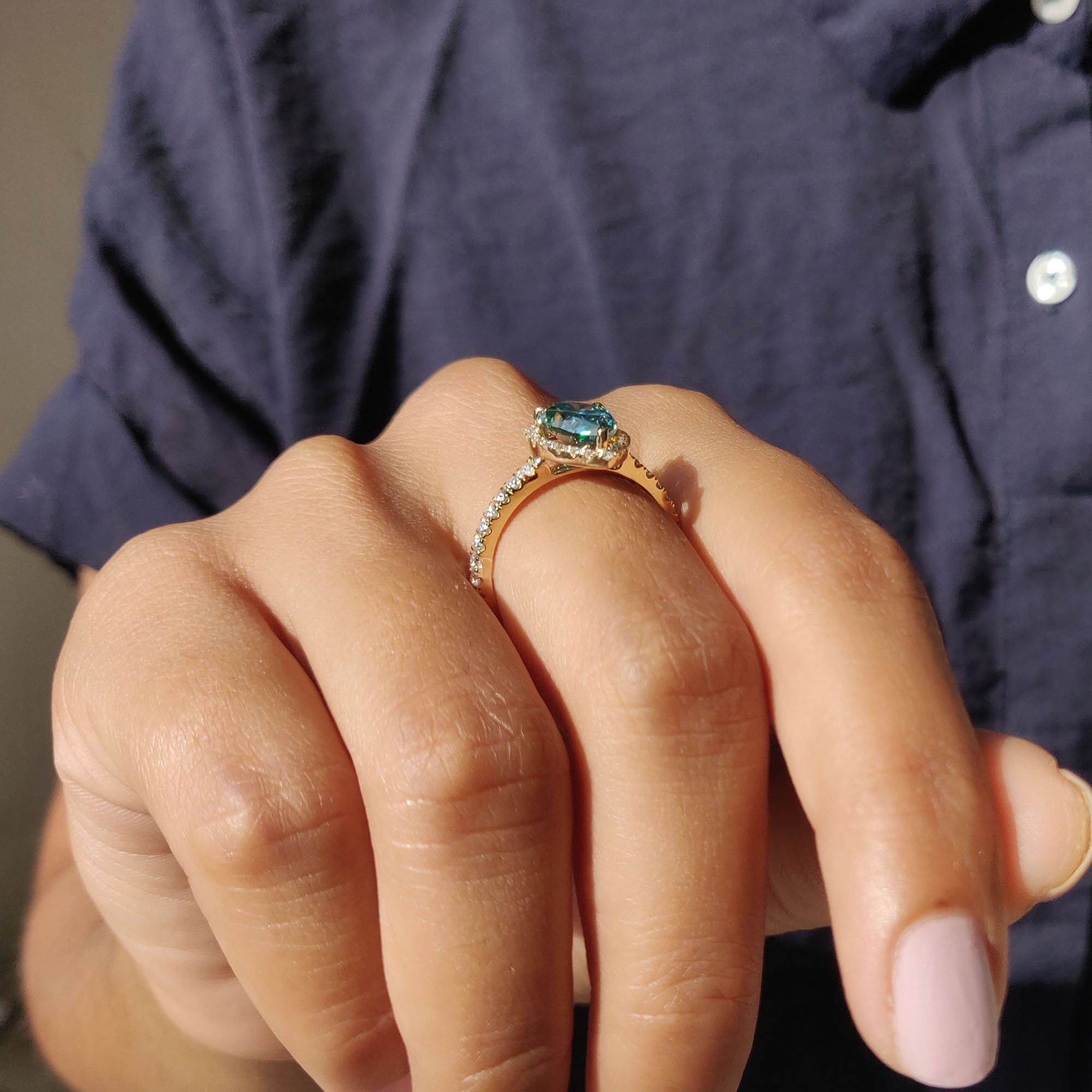 Cyan Blue Pear Cut Engagement Ring In Halo Style