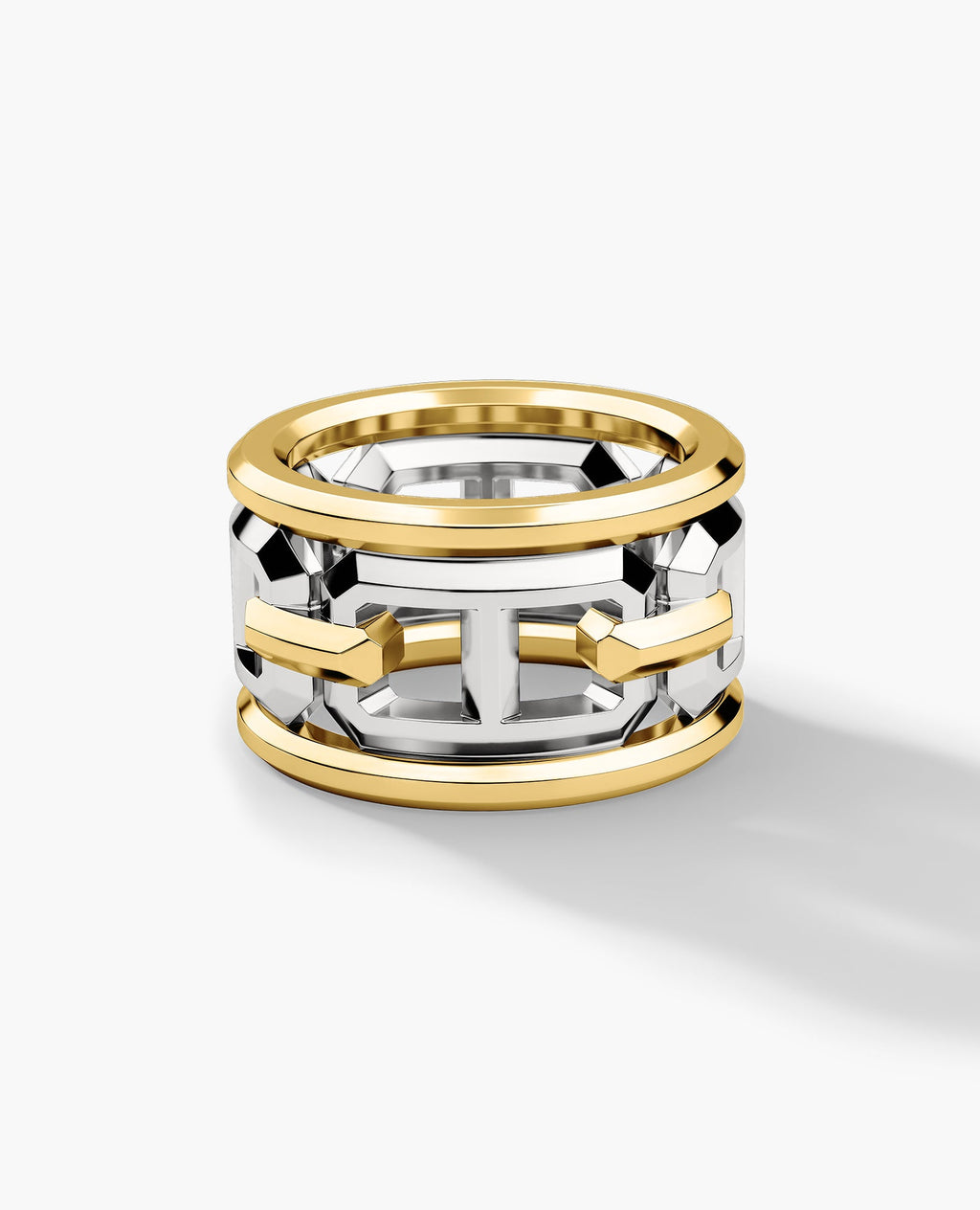 HERCULES Two-Tone Silver and 18k Yellow Gold Ring with Outer Gold Rings - Wide Version