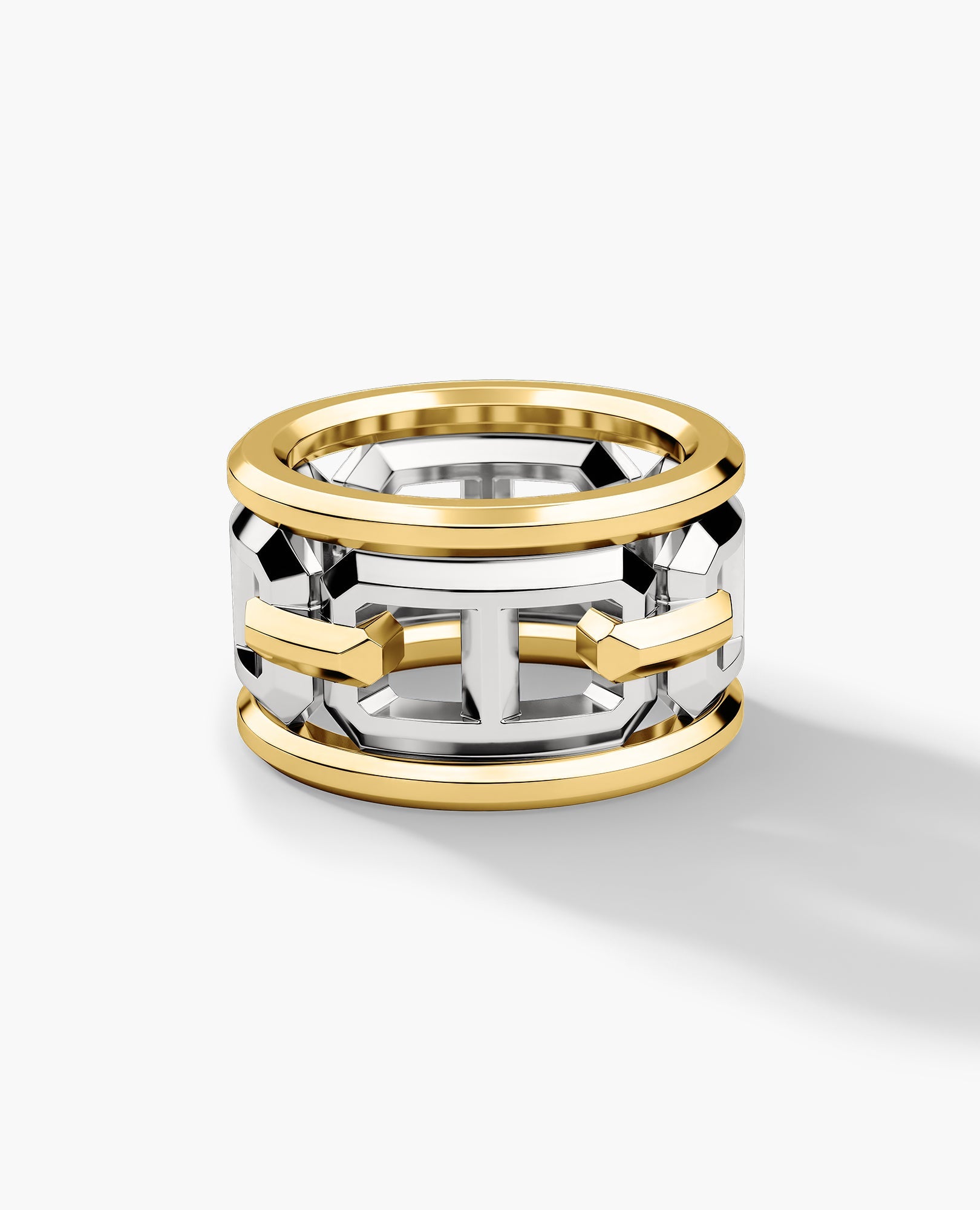 HERCULES Two-Tone Silver and 18k Yellow Gold Ring with Outer Gold Rings - Wide Version