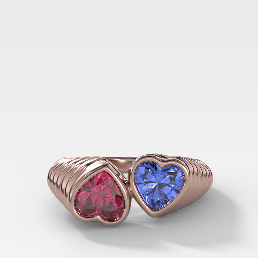 Reverse Bezel Heart Ring with Red Ruby and Blue Sapphire