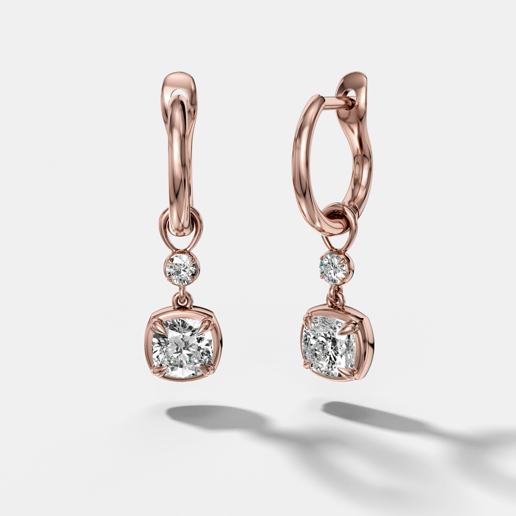 Reversed Mini Tiered Bezel Drop Huggies with Cushion Cut Diamonds