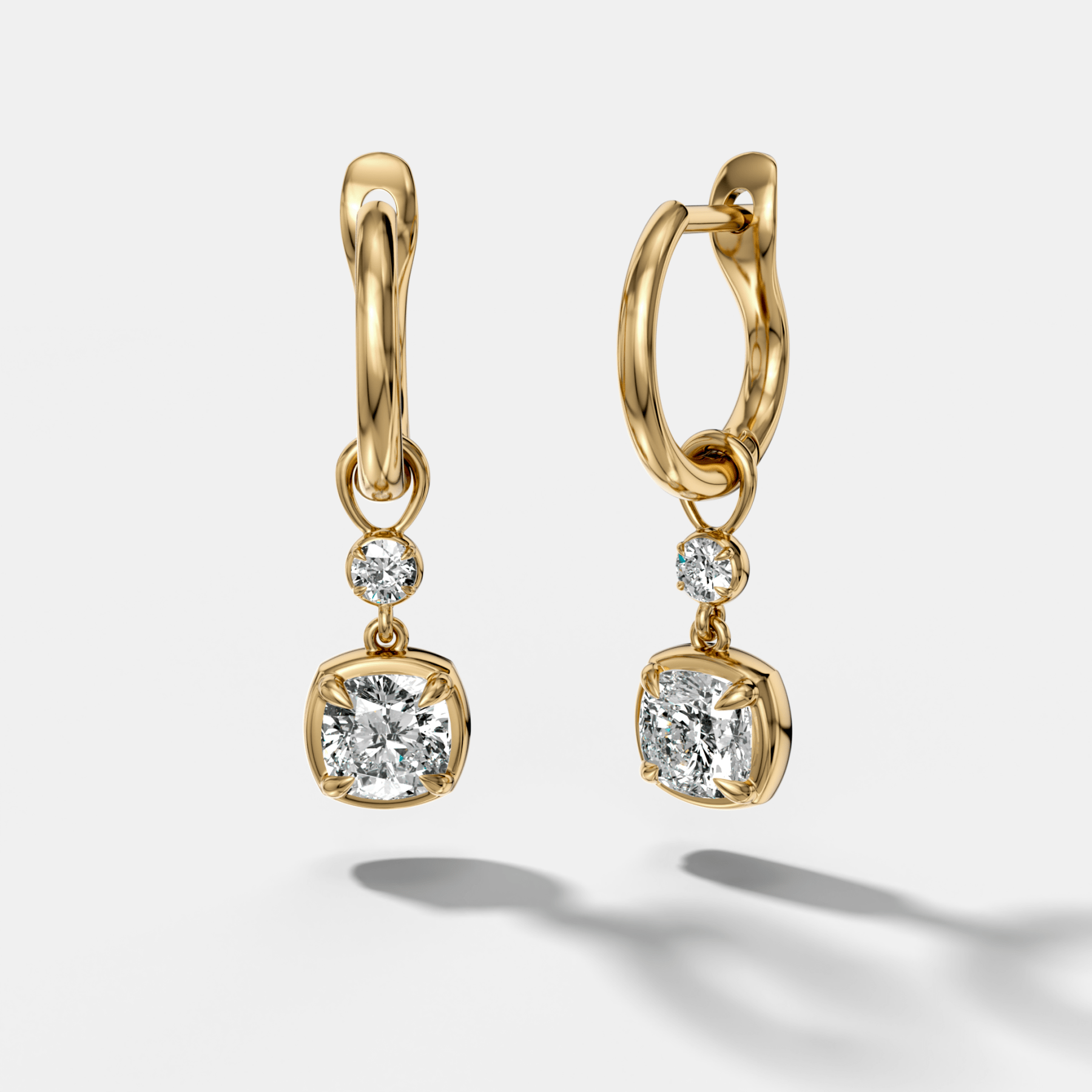 Reversed Mini Tiered Bezel Drop Huggies with Cushion Cut Diamonds