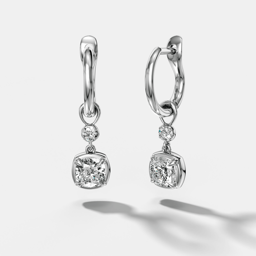 Reversed Mini Tiered Bezel Drop Huggies with Cushion Cut Diamonds