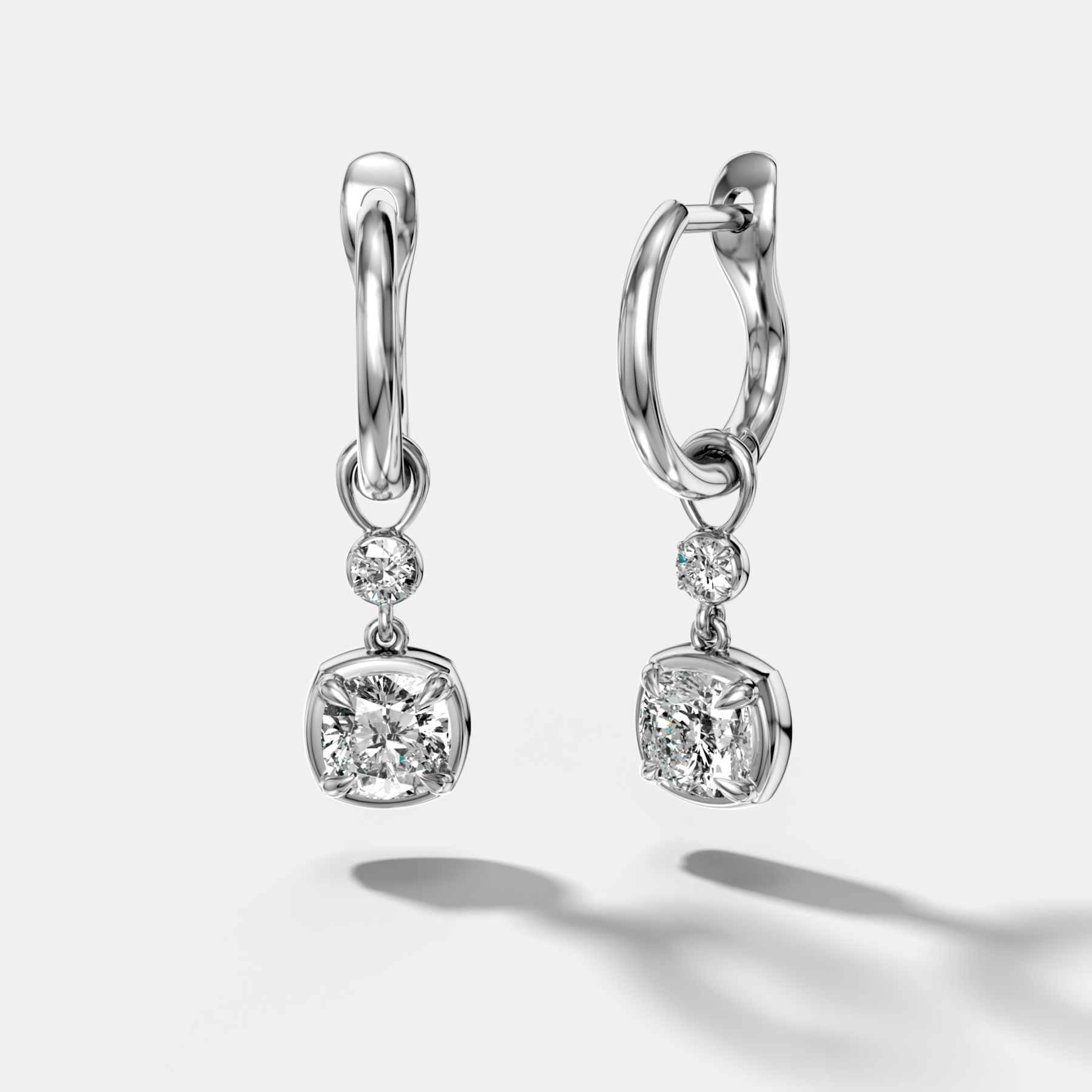 Reversed Mini Tiered Bezel Drop Huggies with Cushion Cut Diamonds
