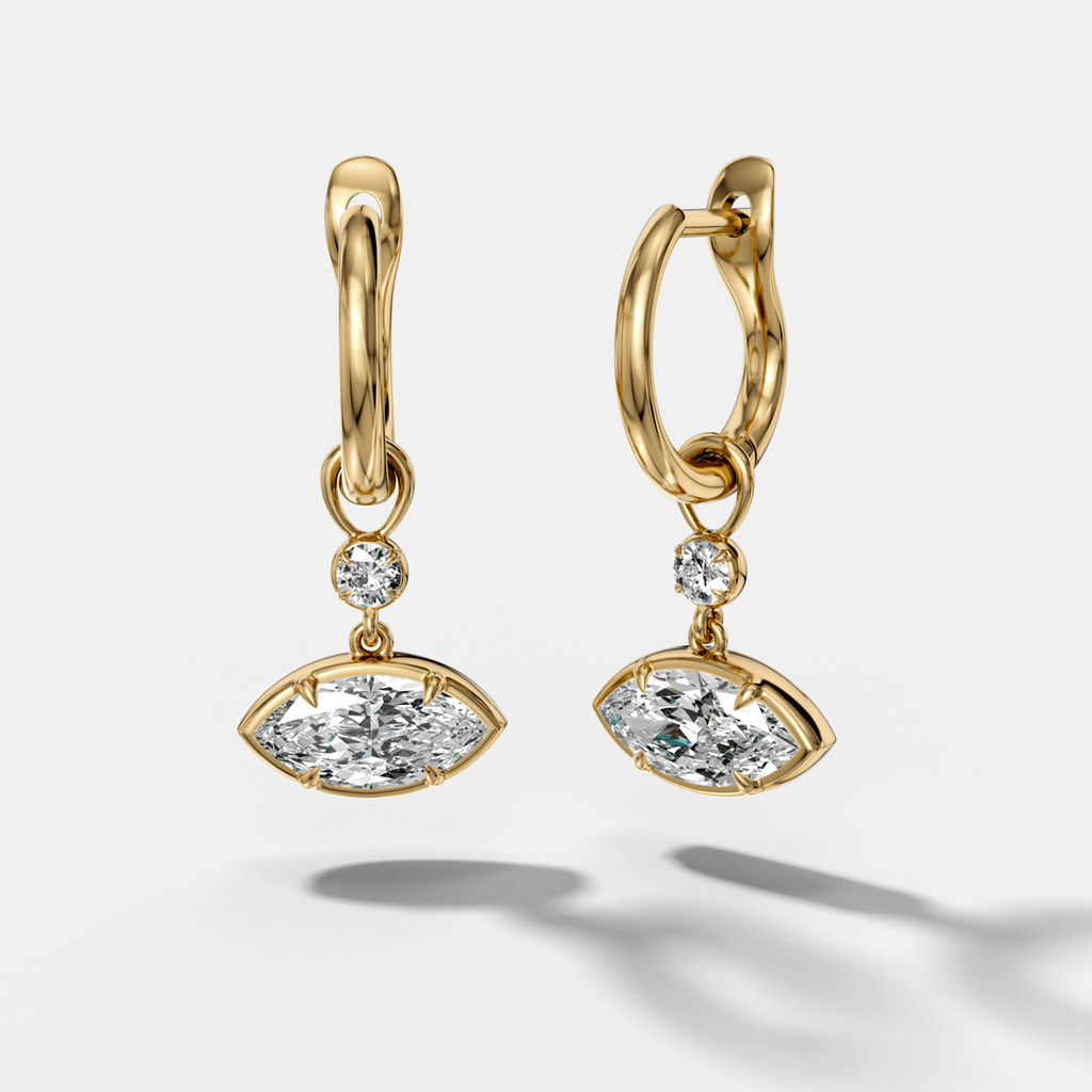 Reversed Mini Tiered Bezel Drop Huggies with East West Marquise Cut Diamond