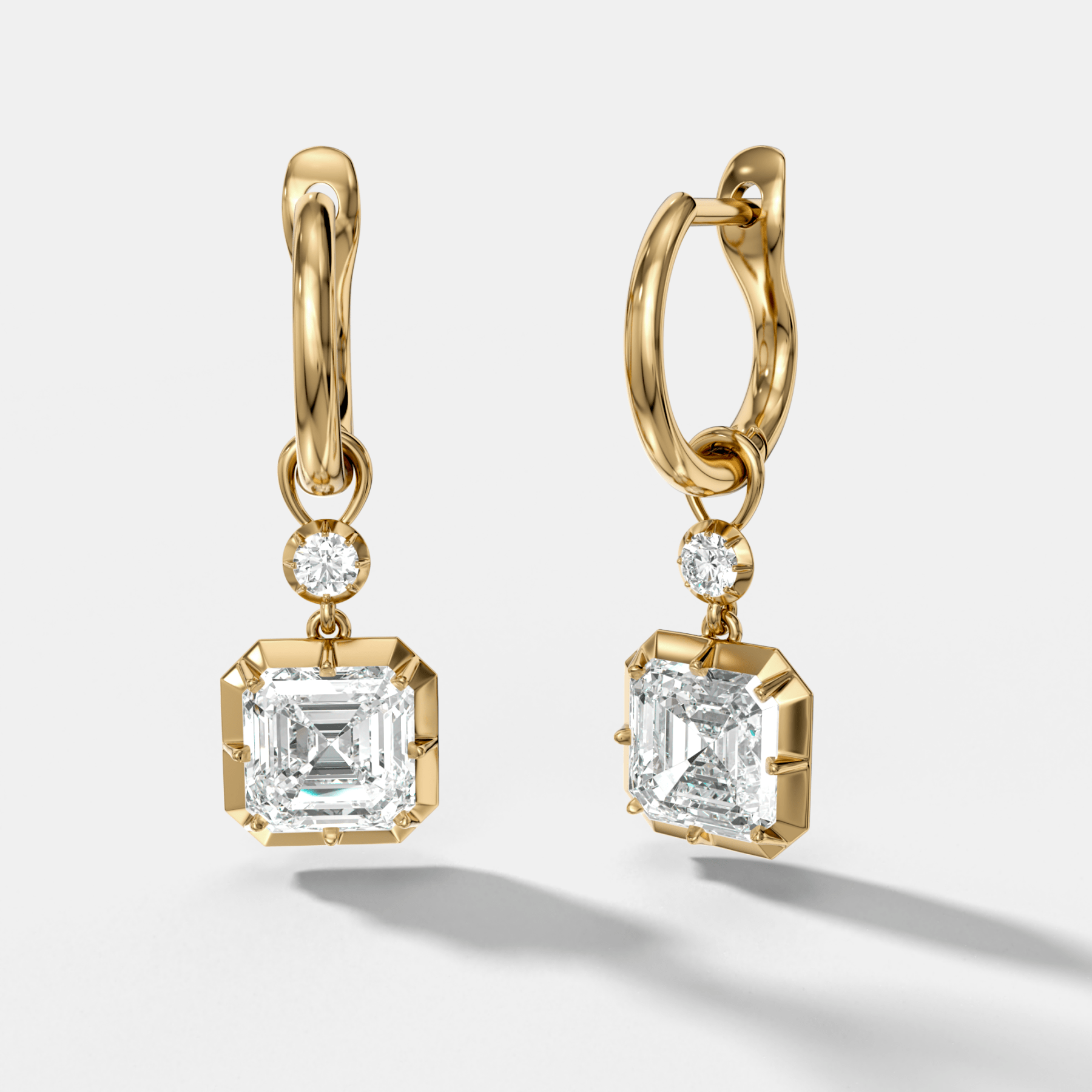 Reversed Tiered Button Back Drop Huggies with Asscher Cut Diamonds