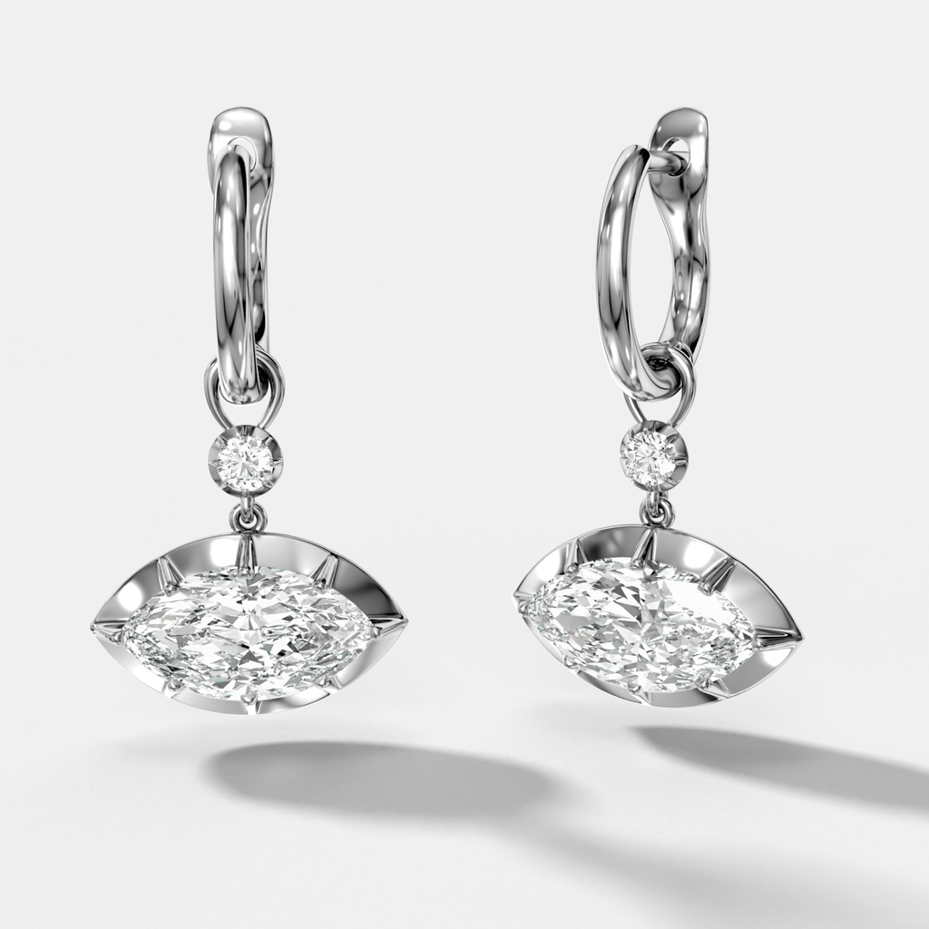Reversed Tiered Button Back Drop Huggies with Marquise Cut Diamonds