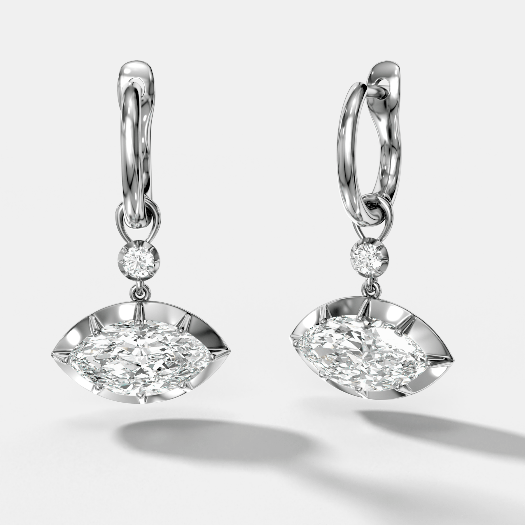 Reversed Tiered Button Back Drop Huggies with Marquise Cut Diamonds