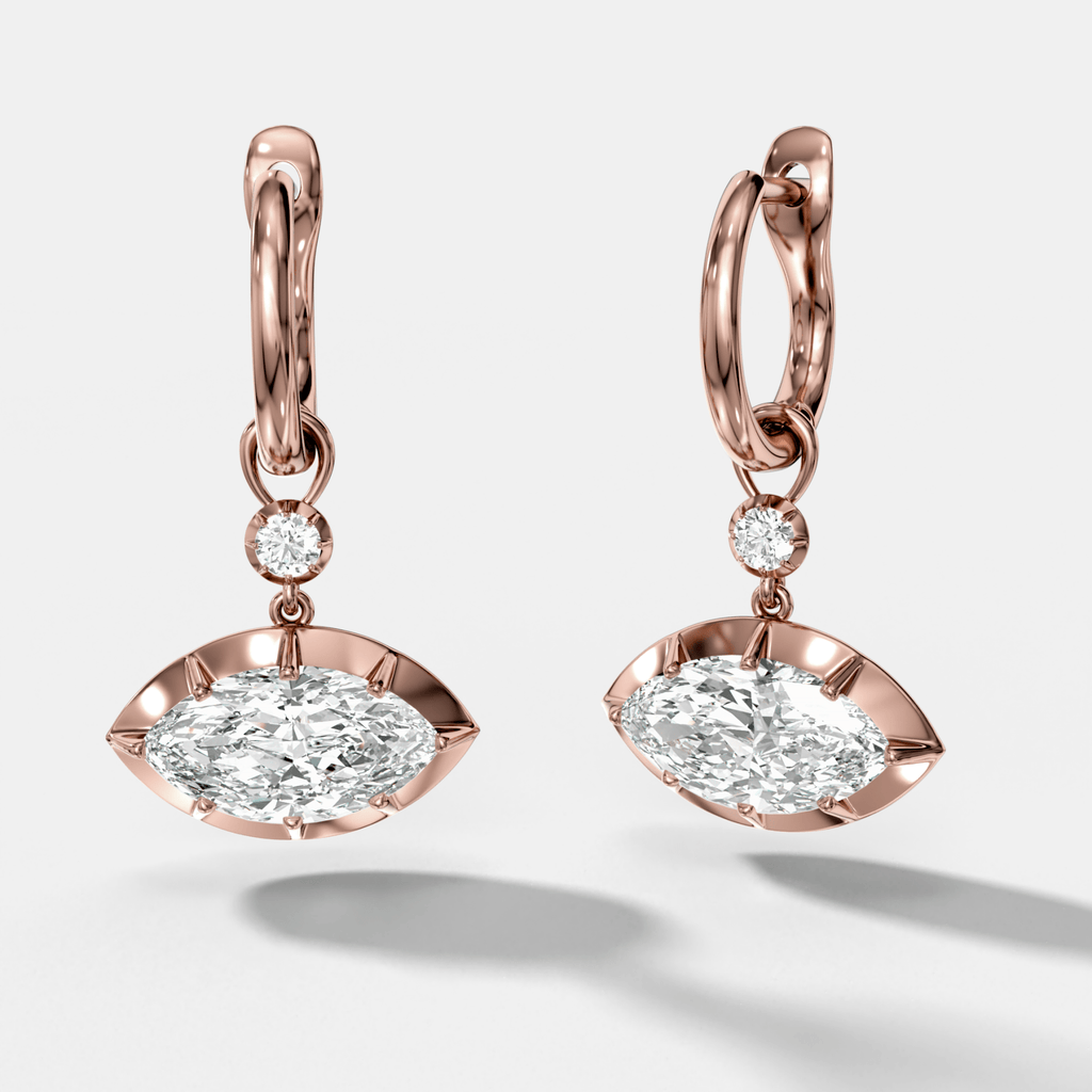 Reversed Tiered Button Back Drop Huggies with Marquise Cut Diamonds