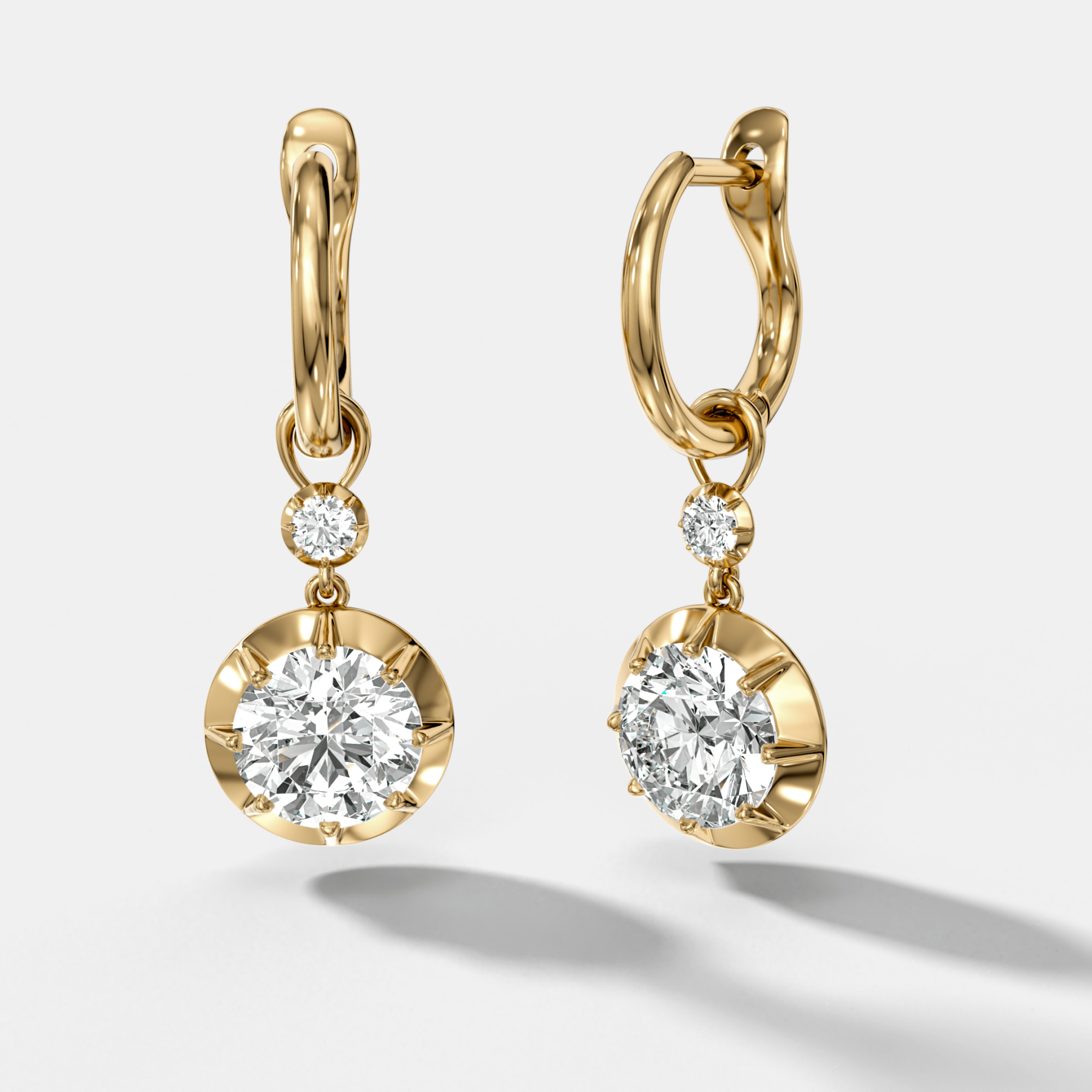 Reversed Tiered Button Back Drop Huggies with Round Cut Diamonds