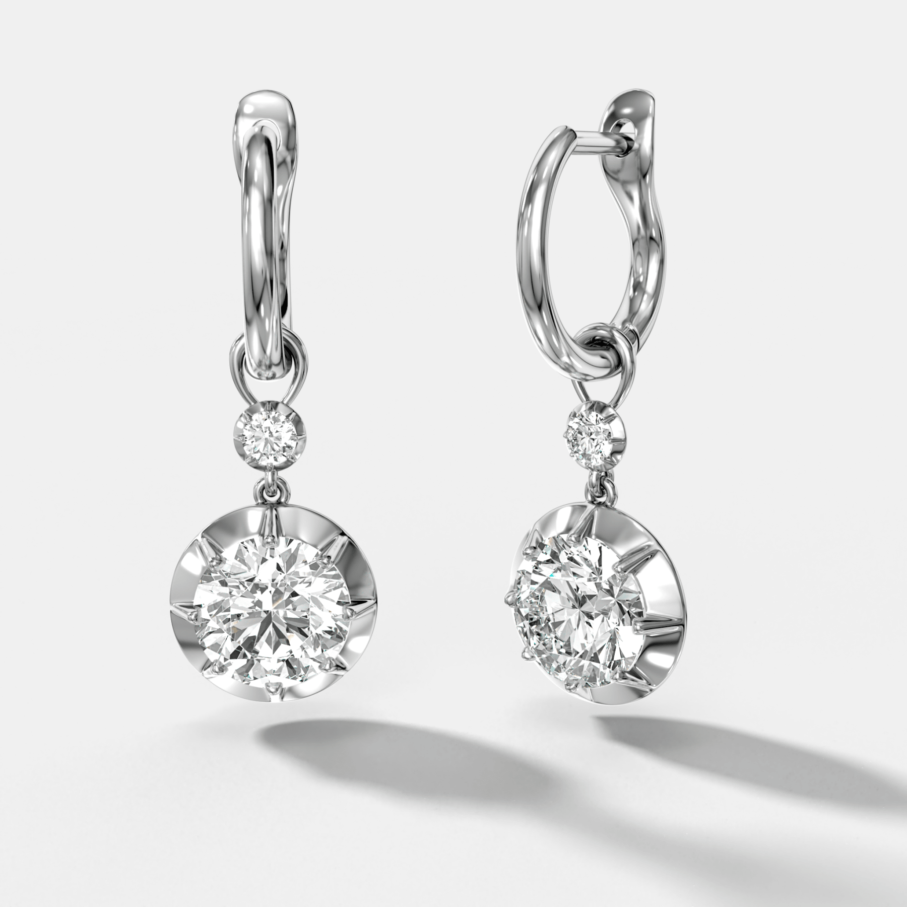 Reversed Tiered Button Back Drop Huggies with Round Cut Diamonds