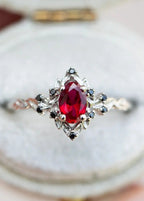 rose halo with oval lab grown ruby and black diamonds wedding ring DisneyValley