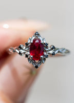 rose halo with oval lab grown ruby and black diamonds wedding ring DisneyValley