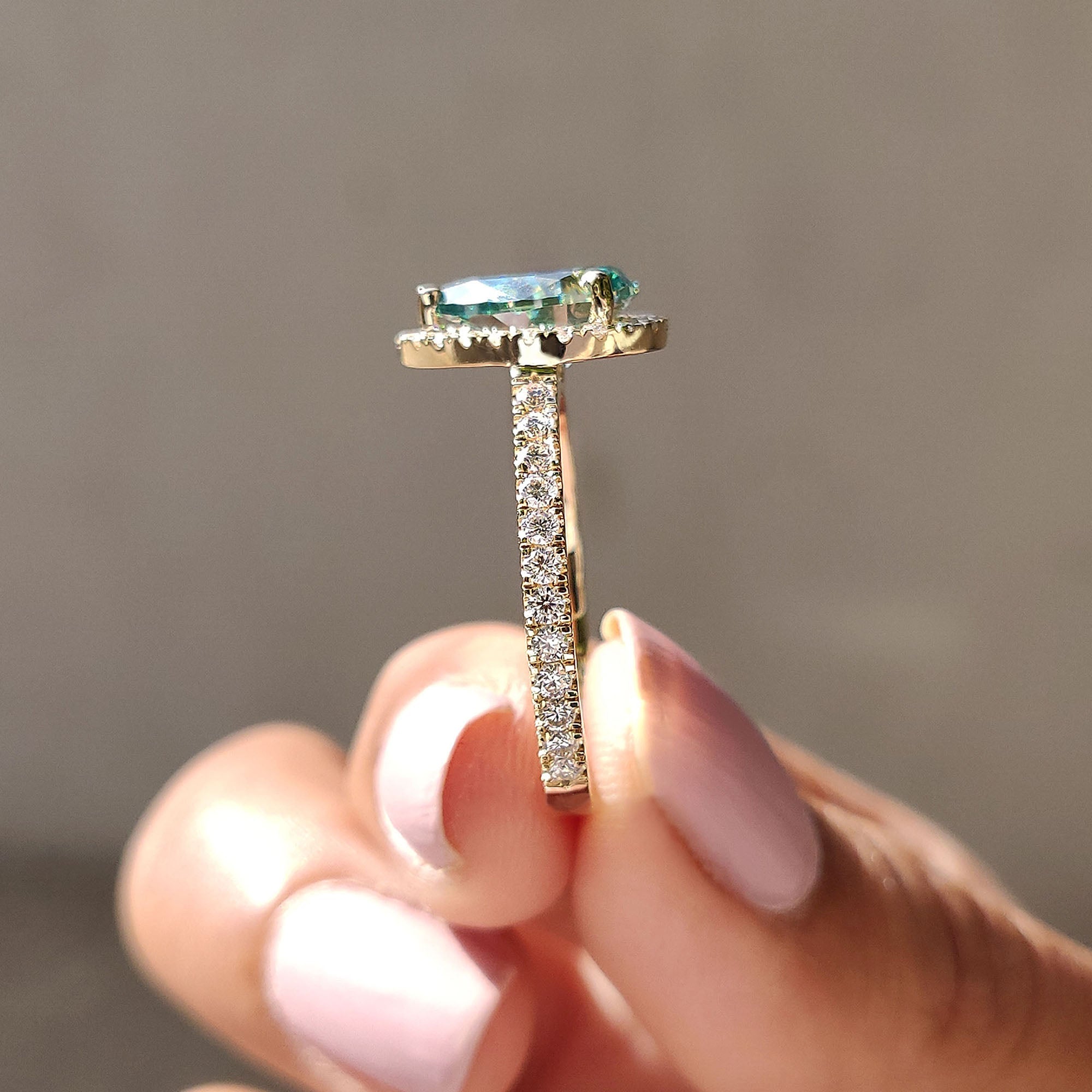 Cyan Blue Pear Cut Engagement Ring In Halo Style