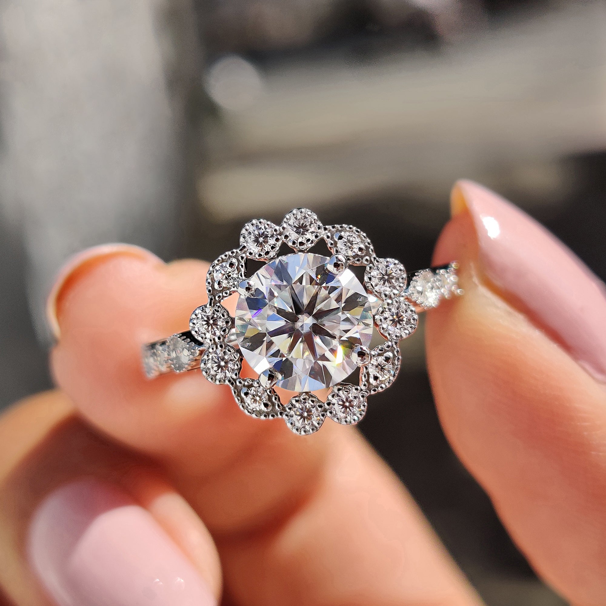 Round Cut Vintage Moissanite Ring In Halo Style Main image