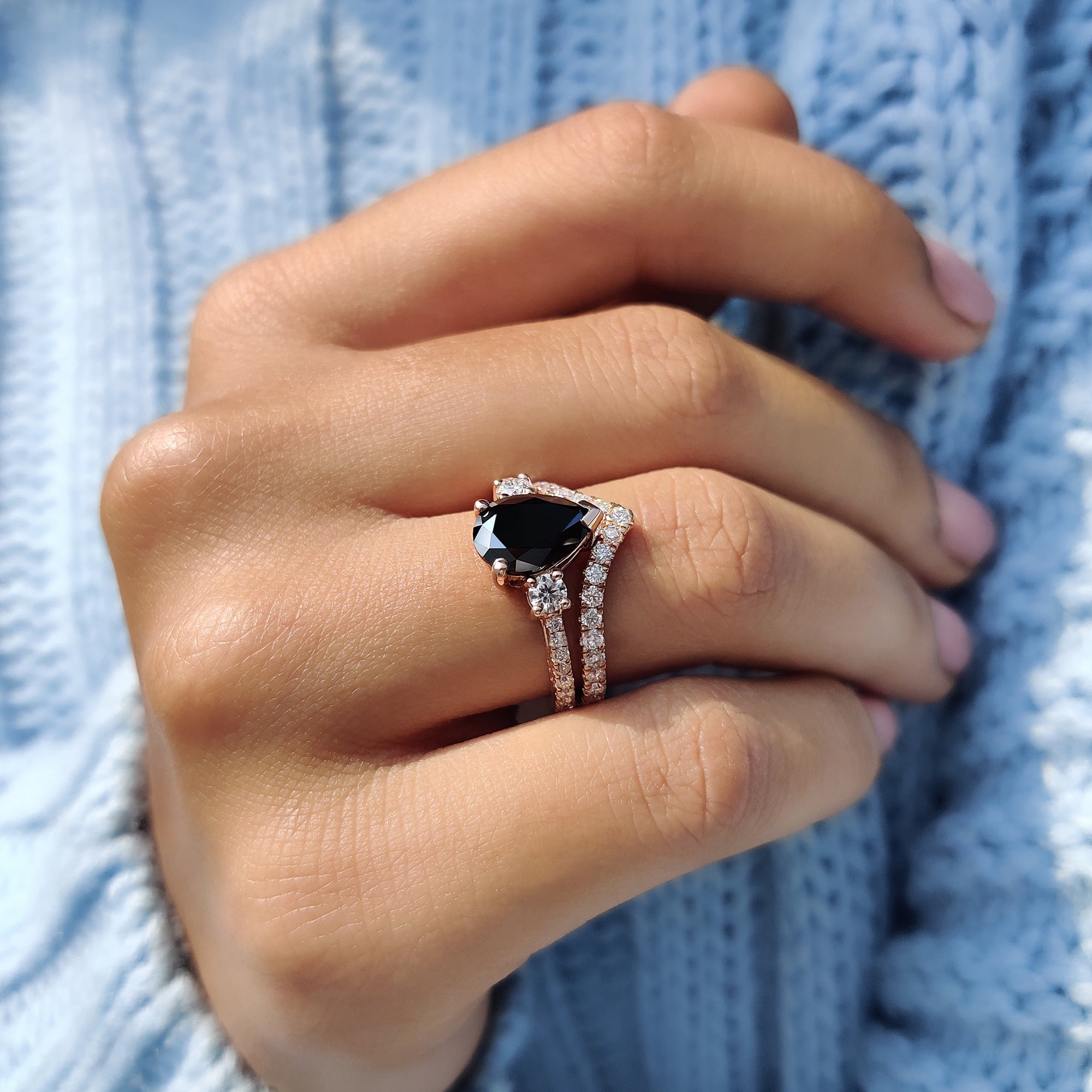 Black Pear Engagement Ring With Curved Wedding Band