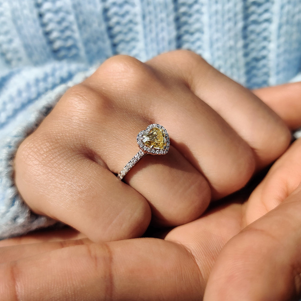 Halo Set Canary Yellow Heart Cut Engagement Ring
