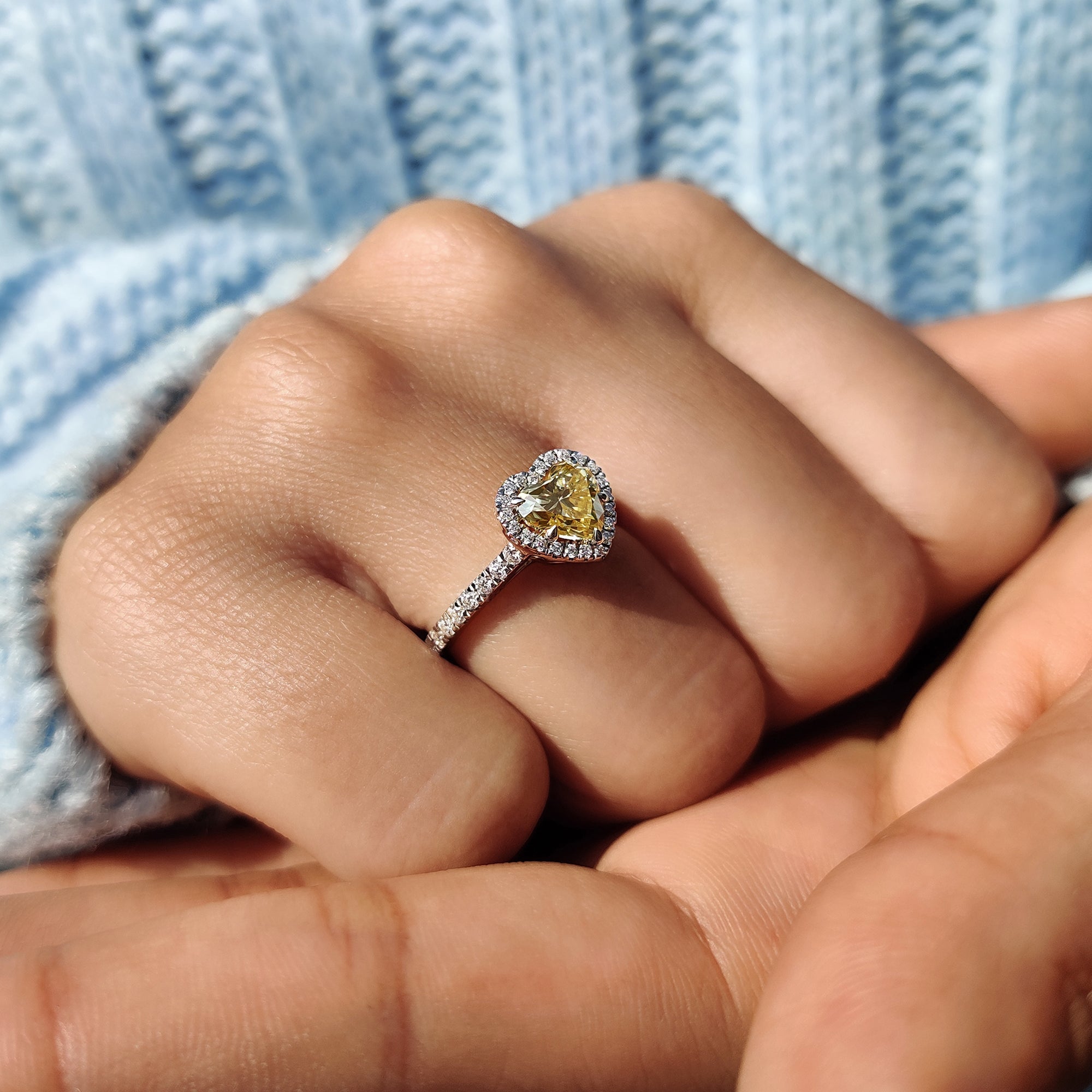 Halo Set Canary Yellow Heart Cut Engagement Ring
