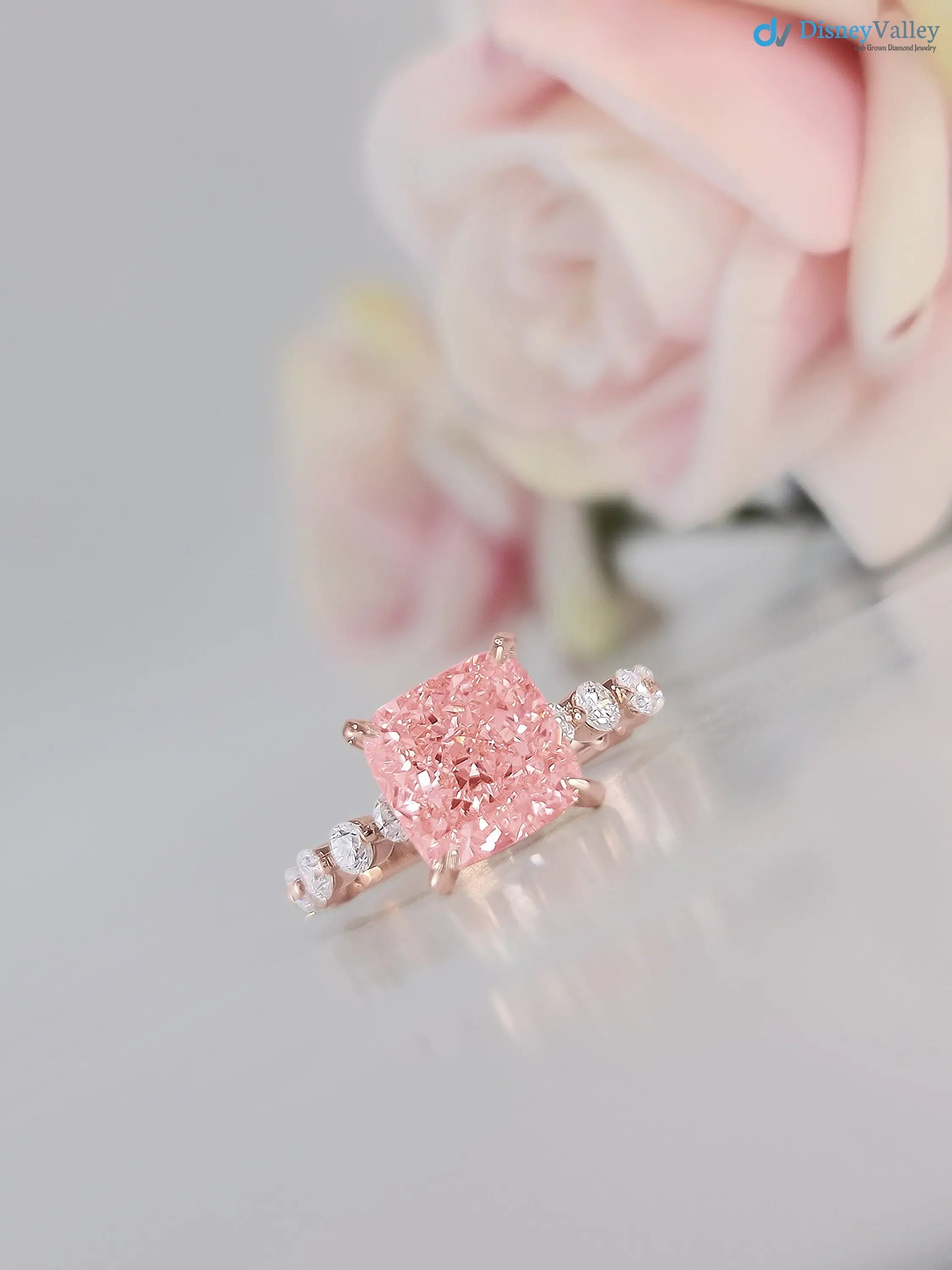 solid Rose Gold pink Cushion diamond engagement ring - DisneyValley Main image