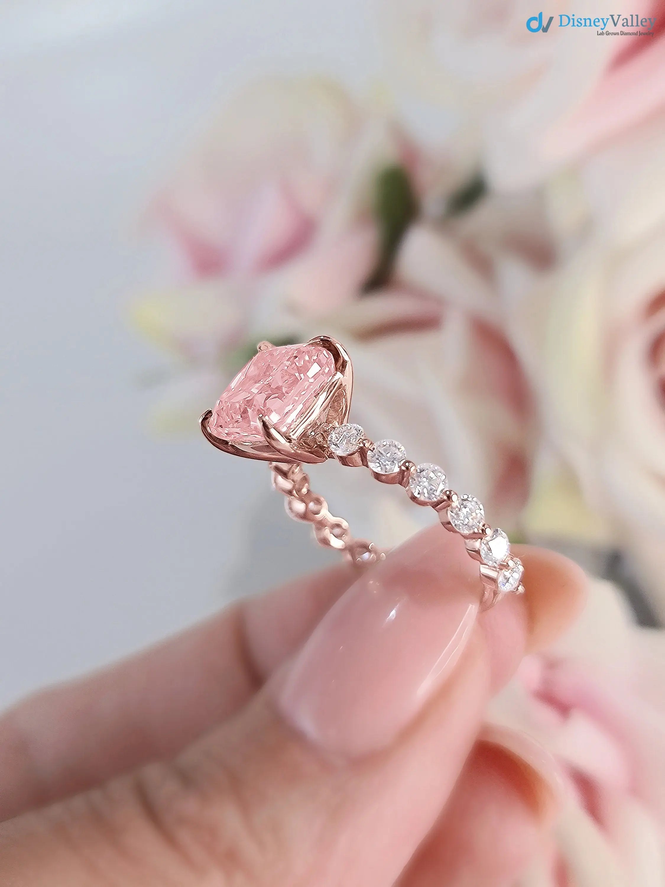 solid Rose Gold pink Cushion diamond engagement ring - DisneyValley